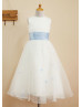 Ivory Satin Organza Flower Decorated Tea Length Flower Girl Dress